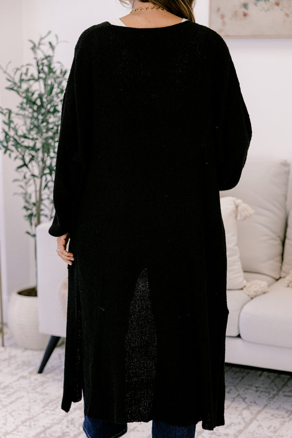 Chic Soul plus size clothing, black long sleeve long line cardigan with side pockets
