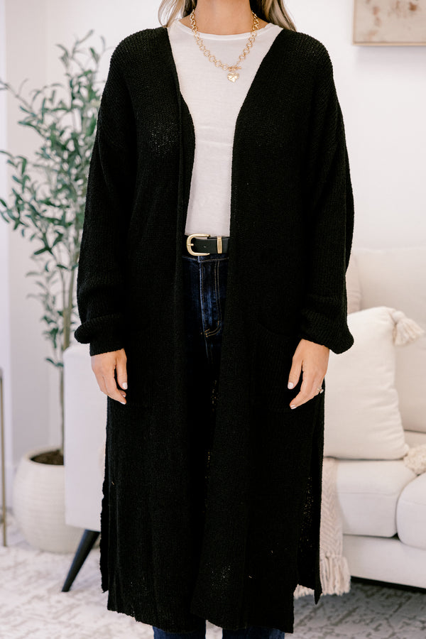 Chic Soul plus size clothing, black long sleeve long line cardigan with side pockets
