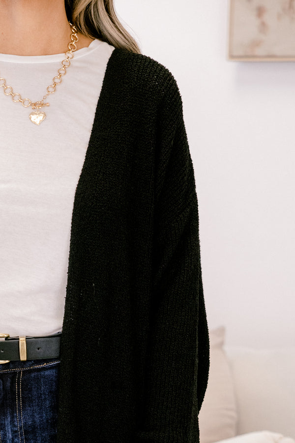 Chic Soul plus size clothing, black long sleeve long line cardigan with side pockets