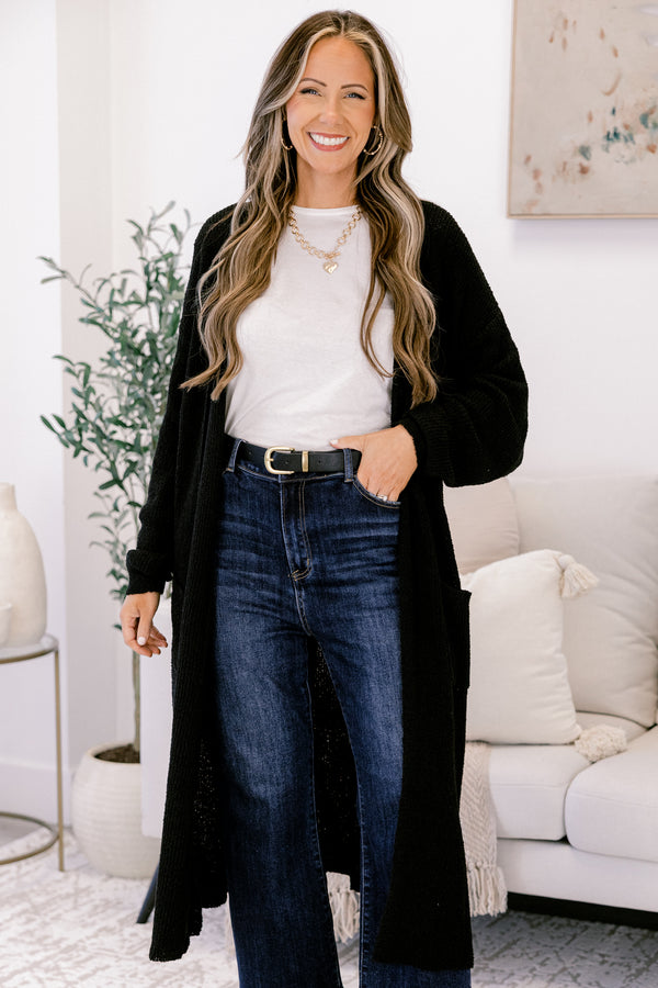 Chic Soul plus size clothing, black long sleeve long line cardigan with side pockets