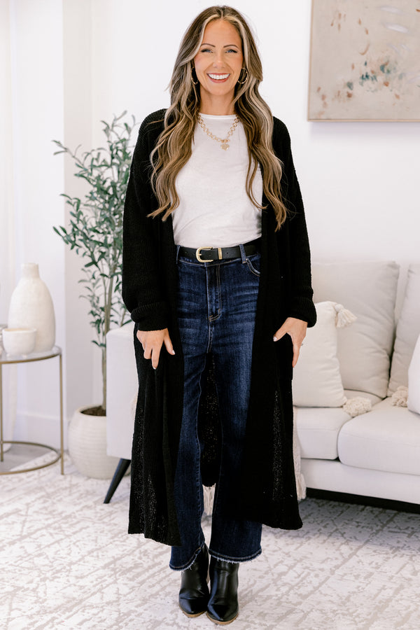 Chic Soul plus size clothing, black long sleeve long line cardigan with side pockets