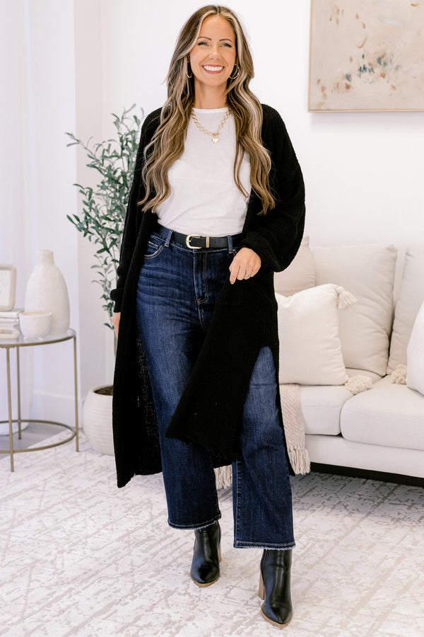 Chic Soul plus size clothing, black long sleeve long line cardigan with side pockets