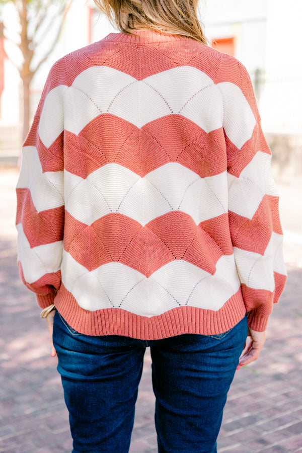 Chic Soul plus size clothing, Brown wavey striped long sleeve sweater with a high neckline 