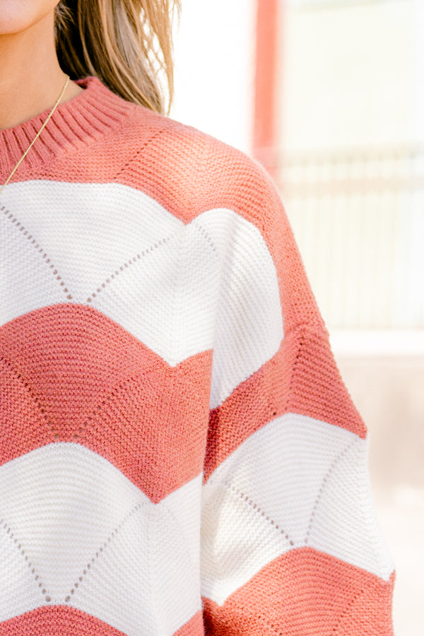 Chic Soul plus size clothing, Brown wavey striped long sleeve sweater with a high neckline 