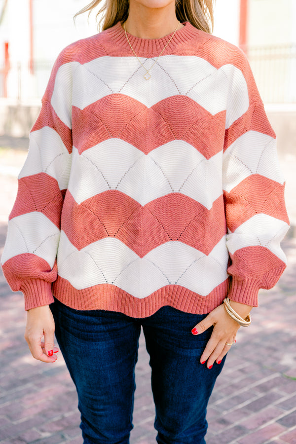 Chic Soul plus size clothing, Brown wavey striped long sleeve sweater with a high neckline 