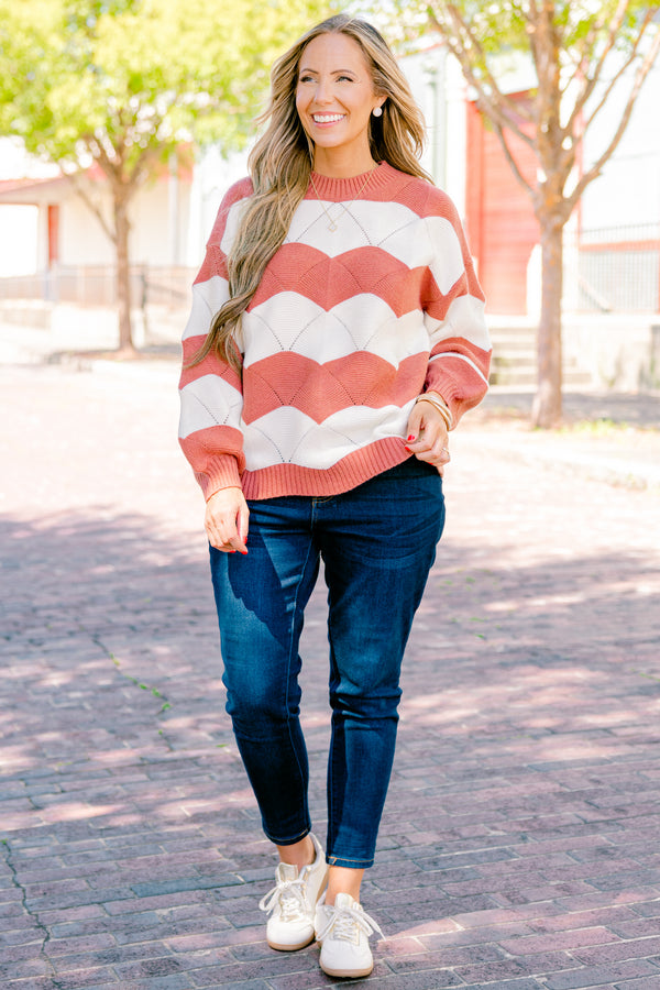 Chic Soul plus size clothing, Brown wavey striped long sleeve sweater with a high neckline 