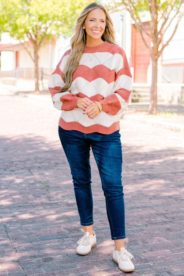 Chic Soul plus size clothing, Brown wavey striped long sleeve sweater with a high neckline 