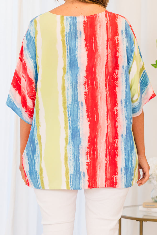 Chic Soul plus size clothing, multi vertical stripe watercolor effect short sleeve top with v neckline