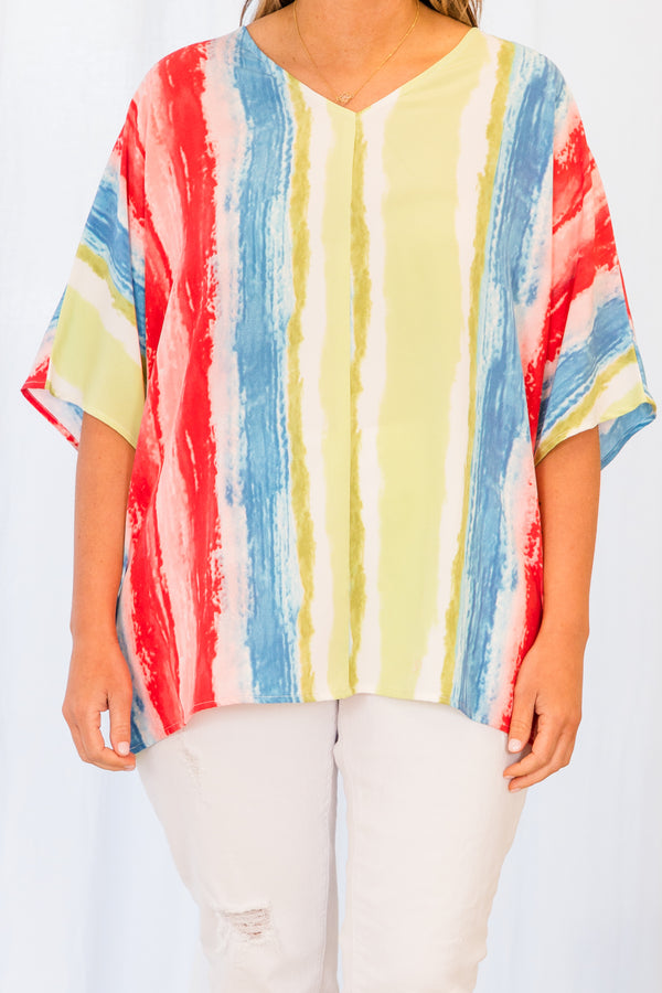 Chic Soul plus size clothing, multi vertical stripe watercolor effect short sleeve top with v neckline