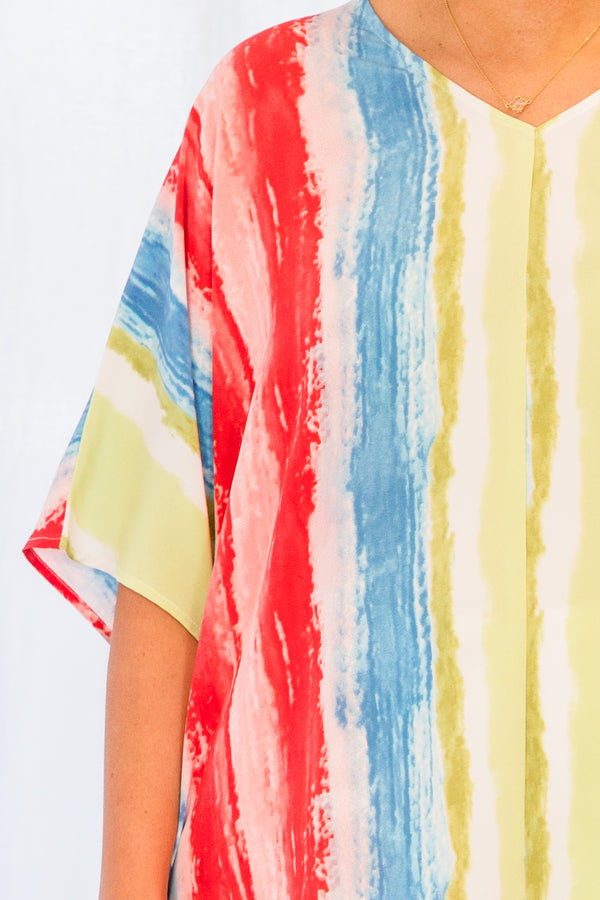 Chic Soul plus size clothing, multi vertical stripe watercolor effect short sleeve top with v neckline