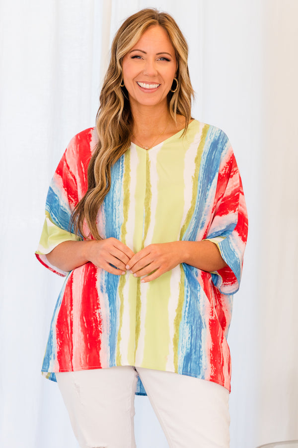 Chic Soul plus size clothing, multi vertical stripe watercolor effect short sleeve top with v neckline