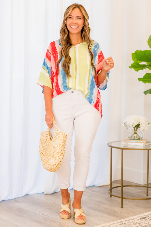 Chic Soul plus size clothing, multi vertical stripe watercolor effect short sleeve top with v neckline