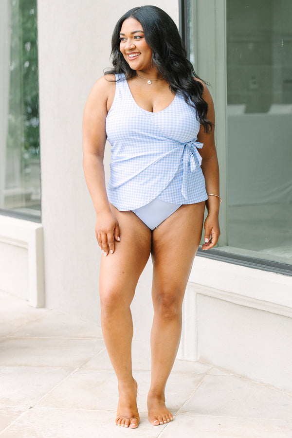 Chic Soul plus size clothing, wrap style blue and white gingham tankini top
