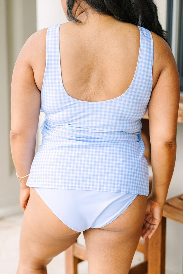 Chic Soul plus size clothing, wrap style blue and white gingham tankini top