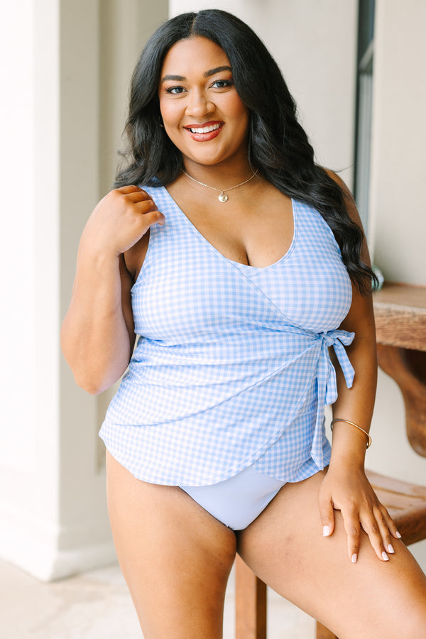 Chic Soul plus size clothing, wrap style blue and white gingham tankini top