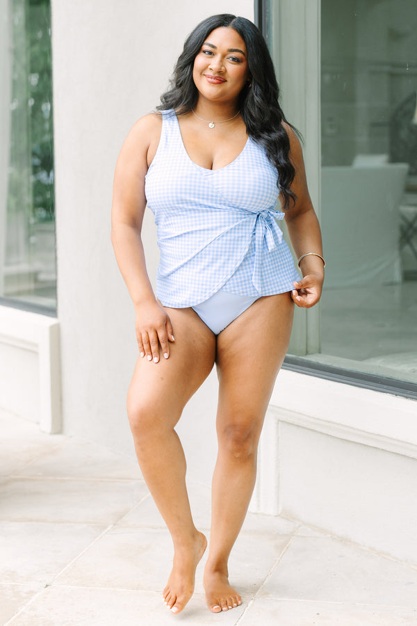 Chic Soul plus size clothing, high waisted light blue bikini bottom with full coverage