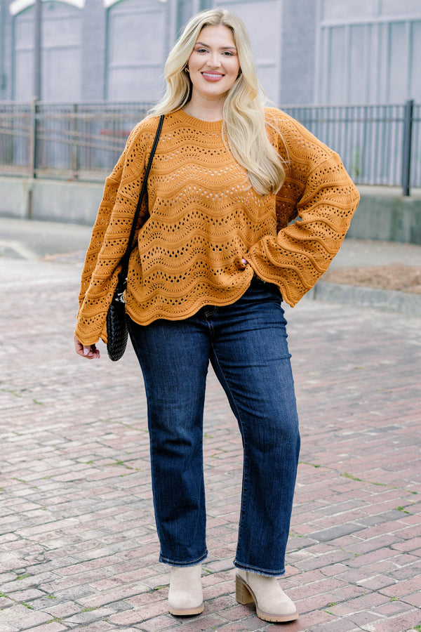 Chic Soul plus size clothing, tan long sleeve slightly cropped loose knit sweater with wavy knit texture