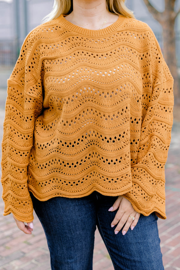 Chic Soul plus size clothing, tan long sleeve slightly cropped loose knit sweater with wavy knit texture