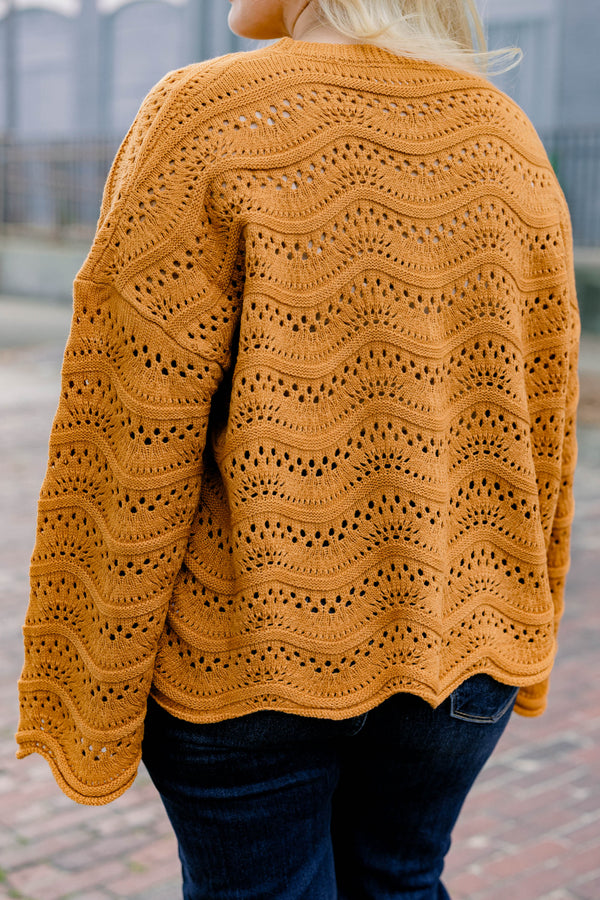 Chic Soul plus size clothing, tan long sleeve slightly cropped loose knit sweater with wavy knit texture