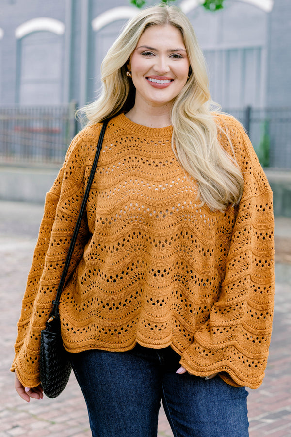 Chic Soul plus size clothing, tan long sleeve slightly cropped loose knit sweater with wavy knit texture