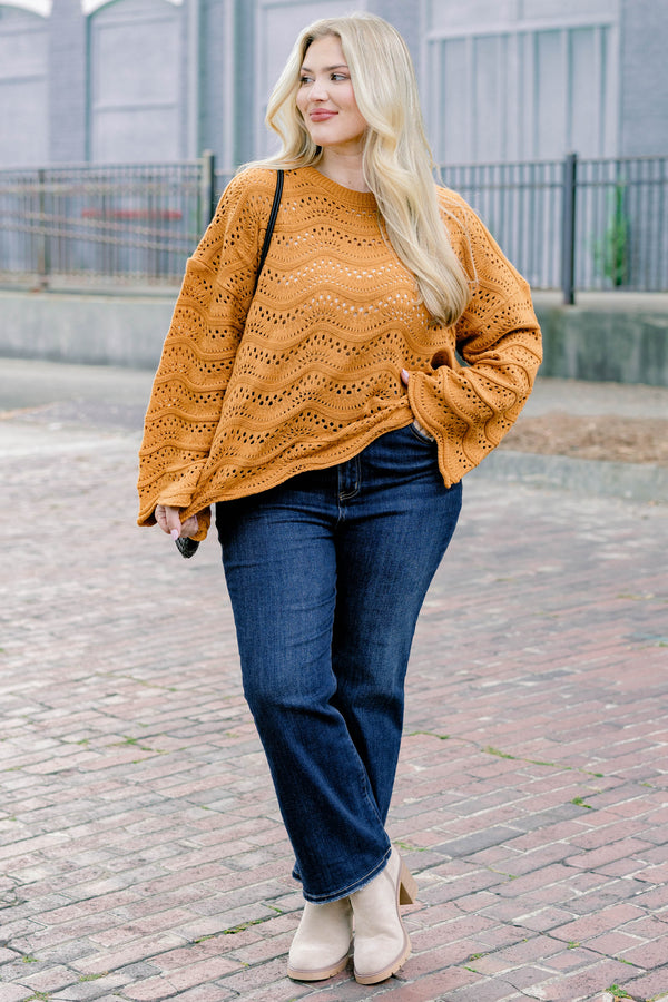 Chic Soul plus size clothing, tan long sleeve slightly cropped loose knit sweater with wavy knit texture
