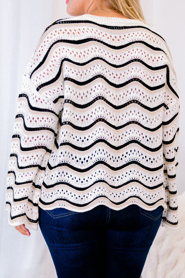 Chic Soul plus size clothing, white black and tan chevron print knit long sleeve sweater