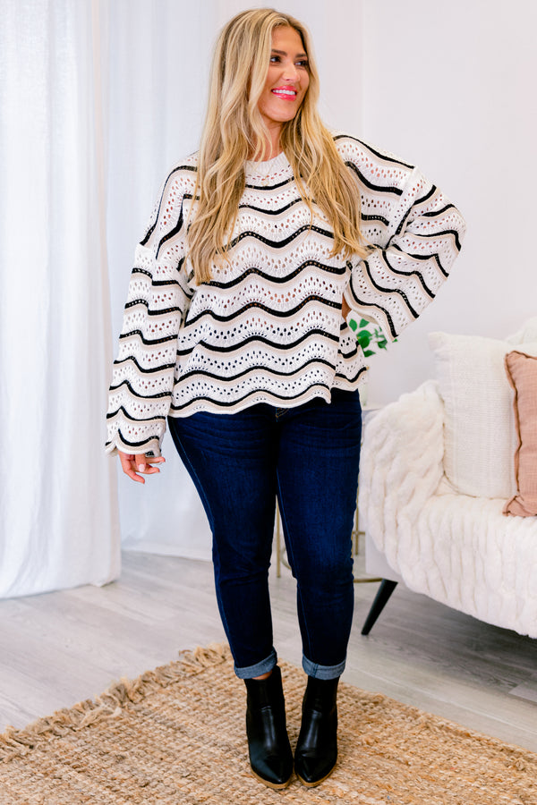 Chic Soul plus size clothing, white black and tan chevron print knit long sleeve sweater