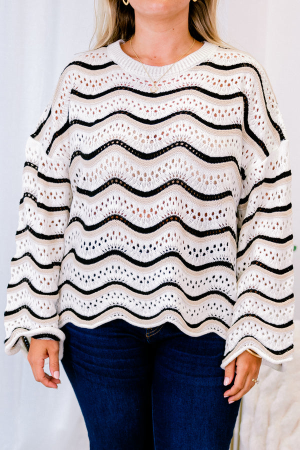 Chic Soul plus size clothing, white black and tan chevron print knit long sleeve sweater