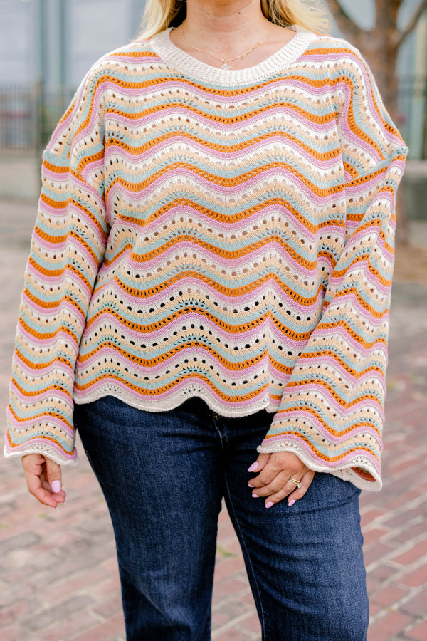 Chic Soul plus size clothing, cream, mint, and orange ric rac pattern knitted long sleeve sweater