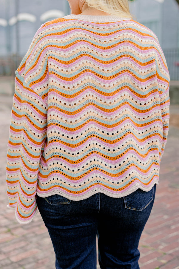 Chic Soul plus size clothing, cream, mint, and orange ric rac pattern knitted long sleeve sweater