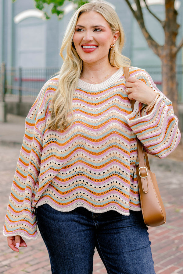 Chic Soul plus size clothing, cream, mint, and orange ric rac pattern knitted long sleeve sweater