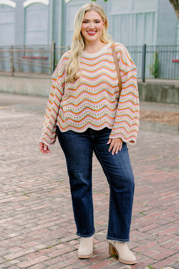 Chic Soul plus size clothing, cream, mint, and orange ric rac pattern knitted long sleeve sweater
