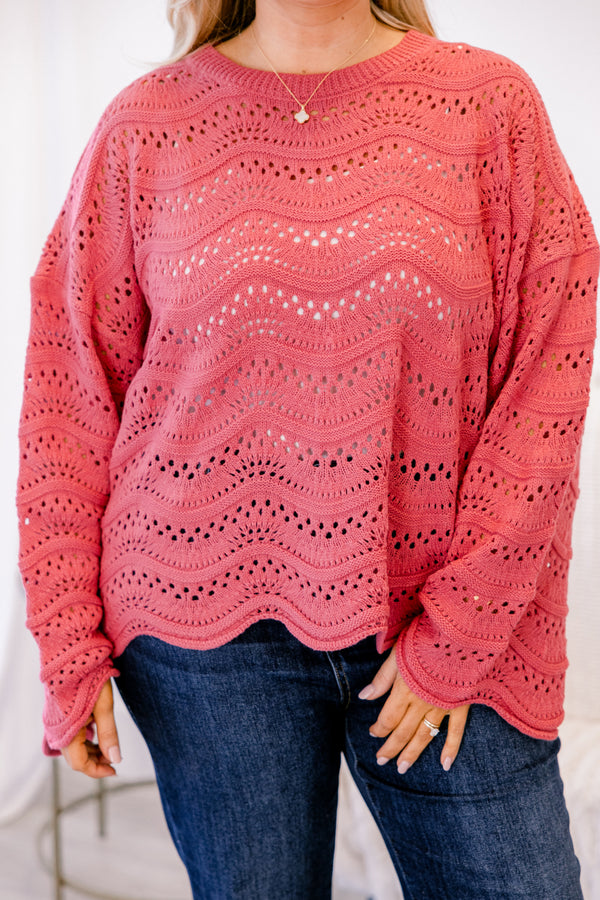Chic Soul plus size clothing, dark pink sweater with a woven holey pattern and long sleeves 