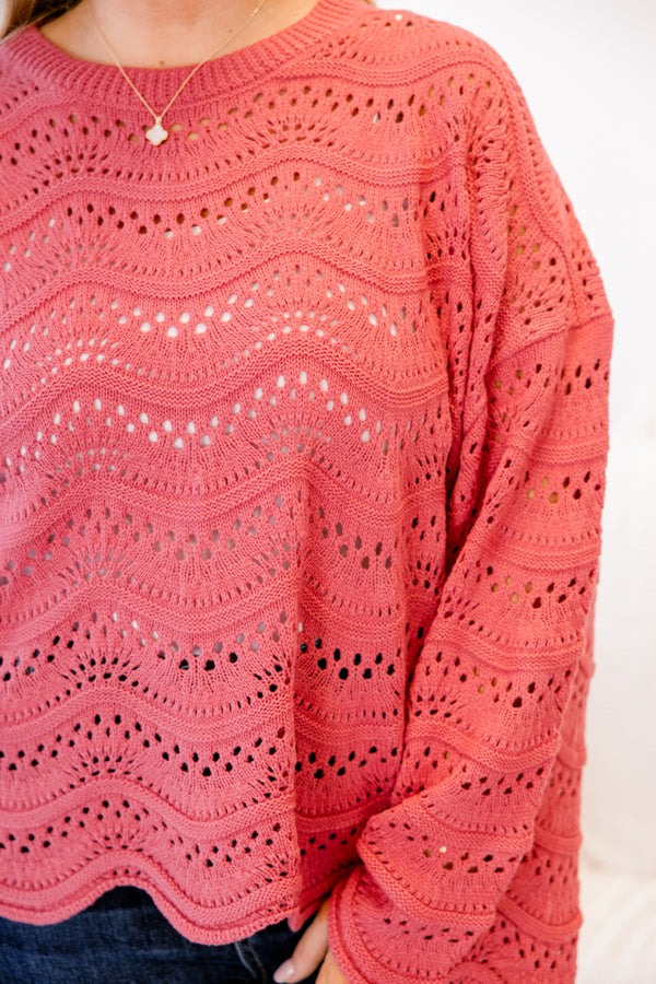 Chic Soul plus size clothing, dark pink sweater with a woven holey pattern and long sleeves 