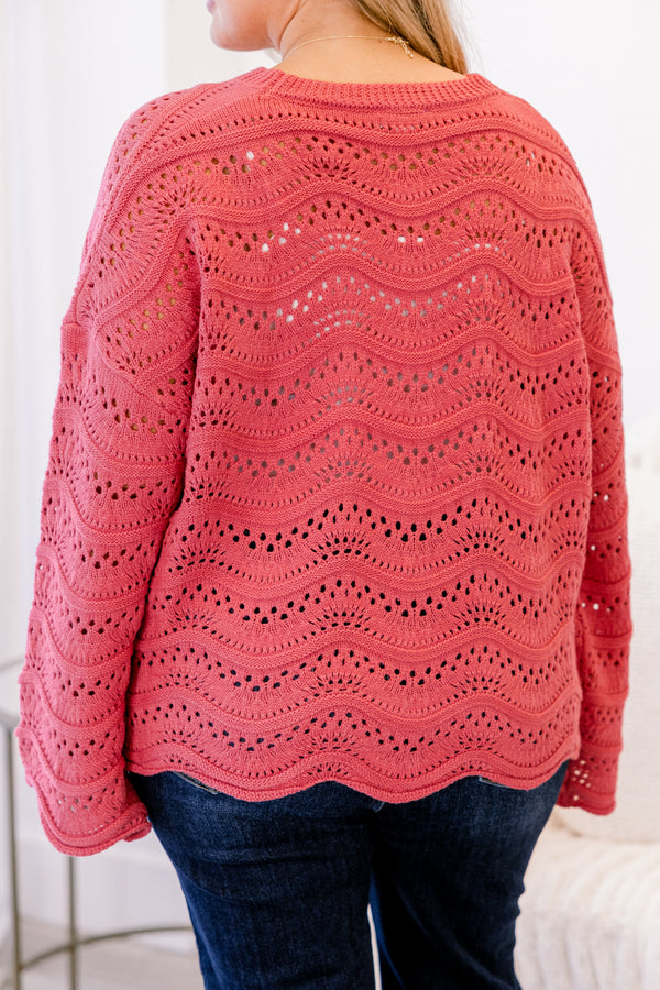 Chic Soul plus size clothing, dark pink sweater with a woven holey pattern and long sleeves 