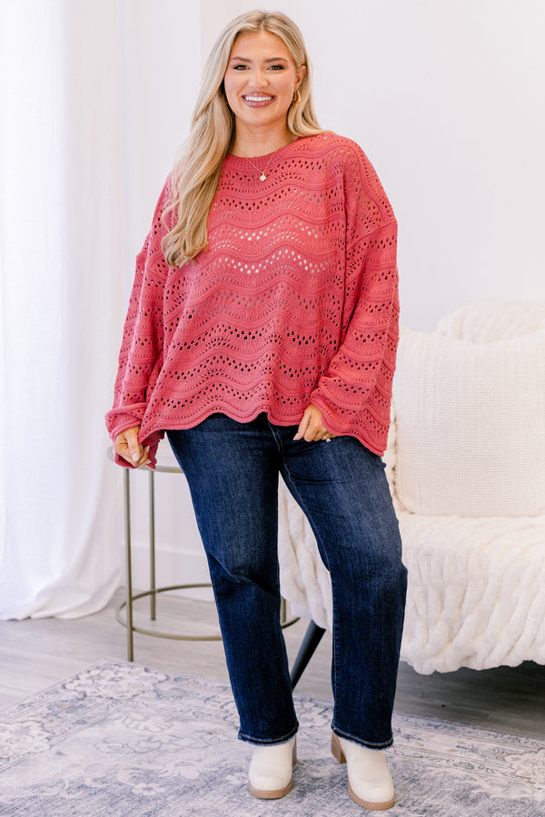 Chic Soul plus size clothing, dark pink sweater with a woven holey pattern and long sleeves 