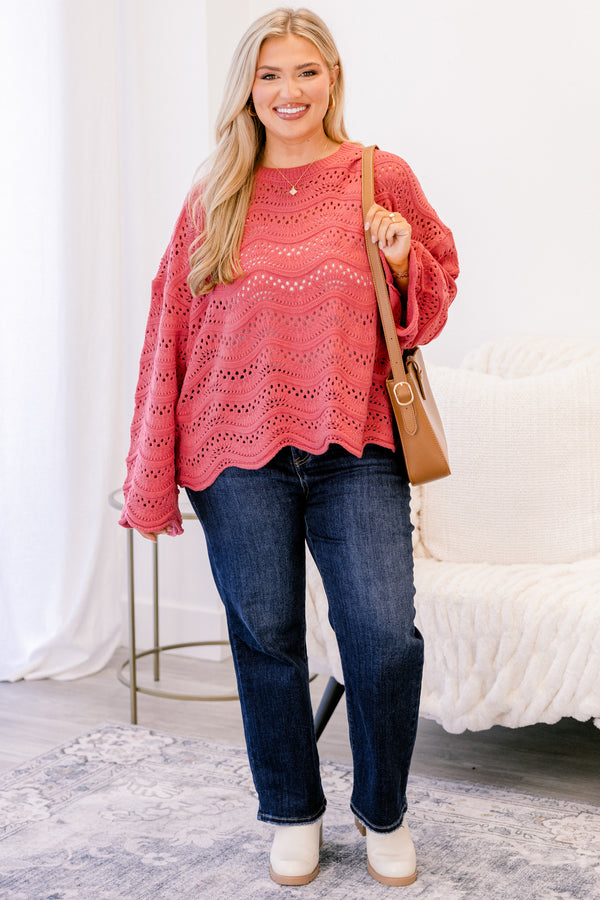 Chic Soul plus size clothing, dark pink sweater with a woven holey pattern and long sleeves 