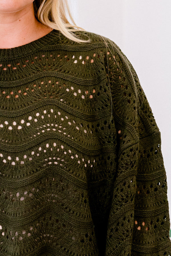 Chic Soul plus size clothing, green long sleeve sweater with a holey texture and wavey line pattern 