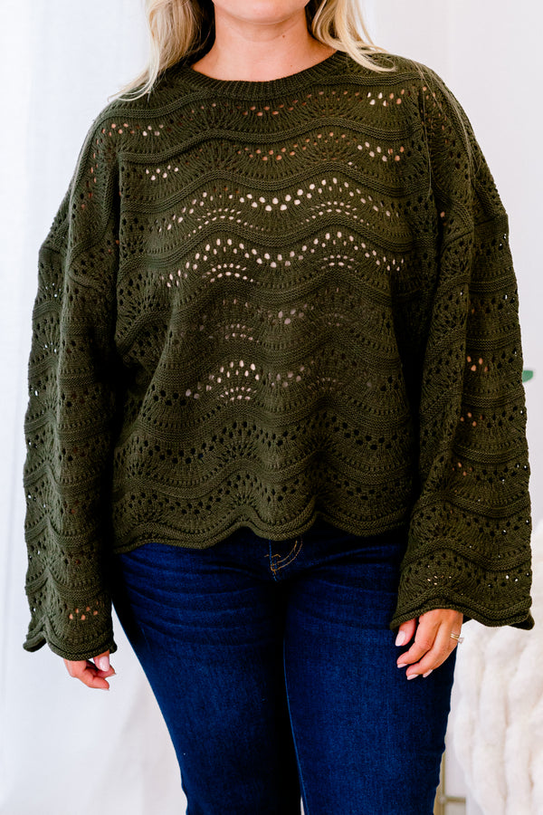 Chic Soul plus size clothing, green long sleeve sweater with a holey texture and wavey line pattern 