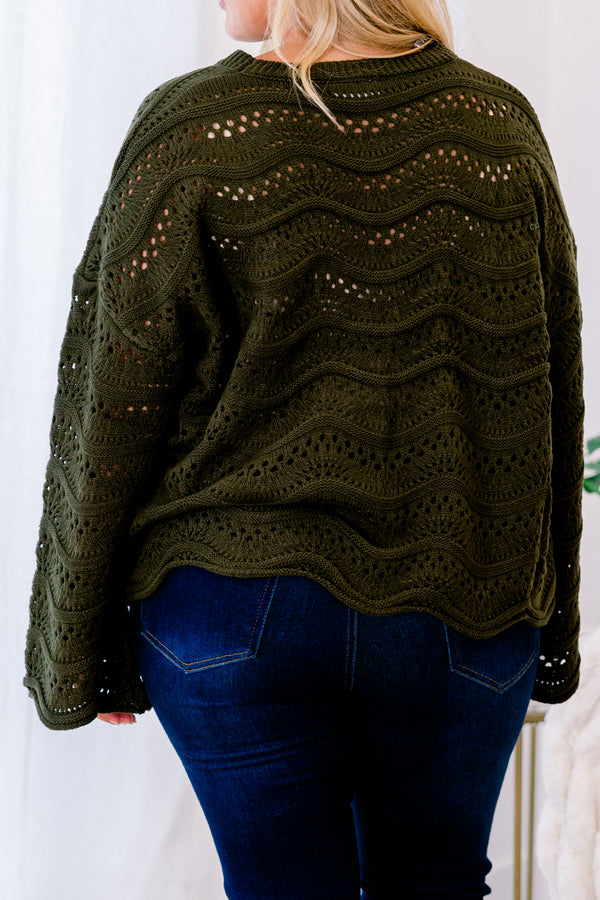 Chic Soul plus size clothing, green long sleeve sweater with a holey texture and wavey line pattern 