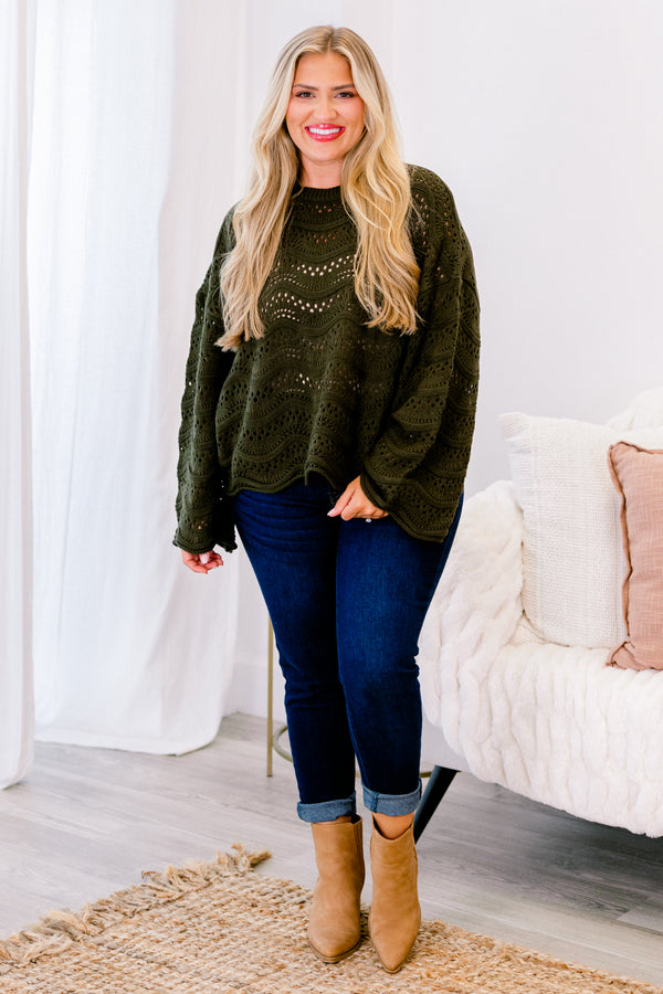Chic Soul plus size clothing, green long sleeve sweater with a holey texture and wavey line pattern 
