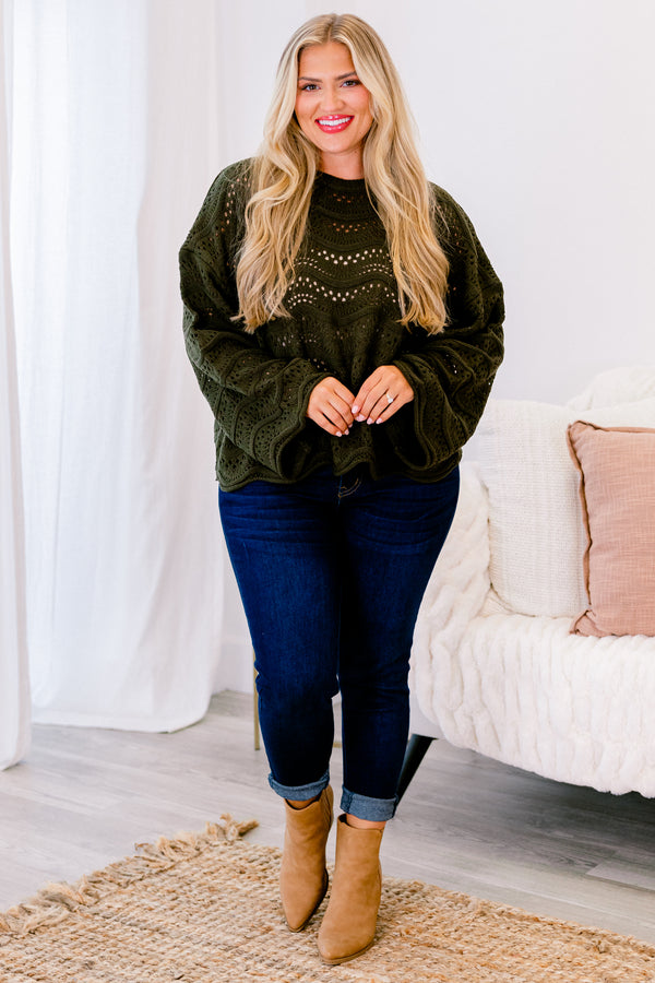 Chic Soul plus size clothing, green long sleeve sweater with a holey texture and wavey line pattern 