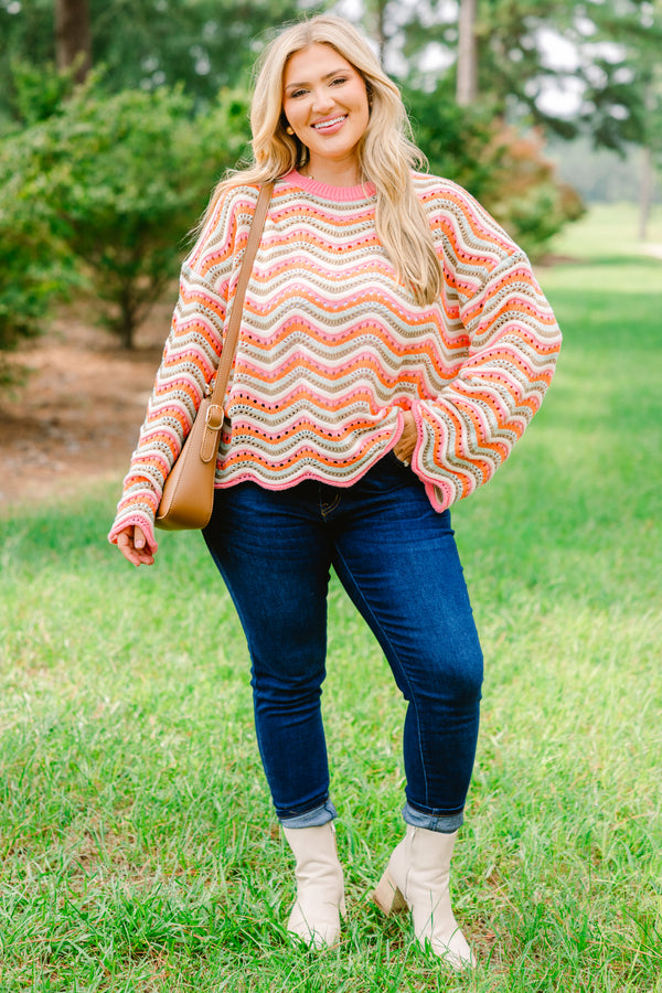 Chic Soul plus size clothing, pink, green, orange and tan chunky knit crochet style long sleeve sweater