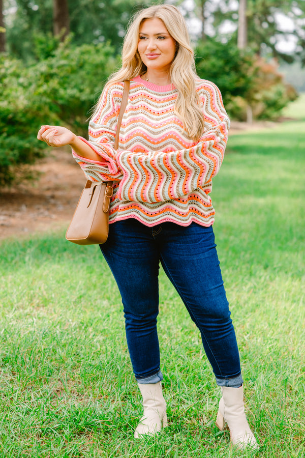 Chic Soul plus size clothing, pink, green, orange and tan chunky knit crochet style long sleeve sweater