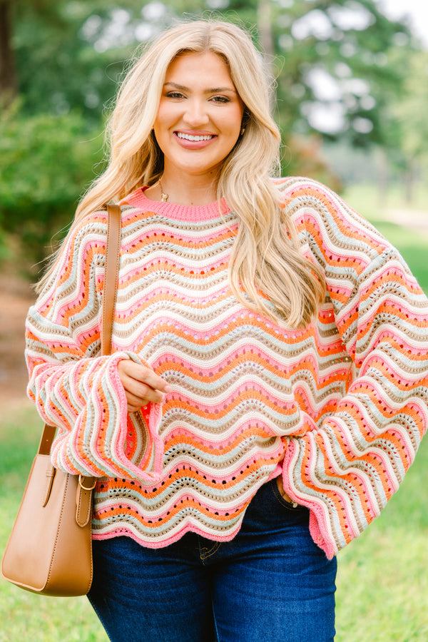 Chic Soul plus size clothing, pink, green, orange and tan chunky knit crochet style long sleeve sweater