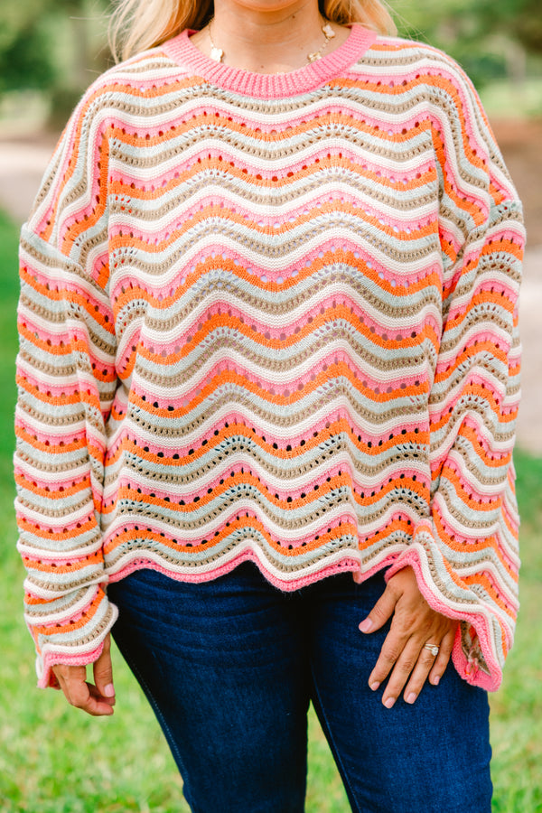 Chic Soul plus size clothing, pink, green, orange and tan chunky knit crochet style long sleeve sweater