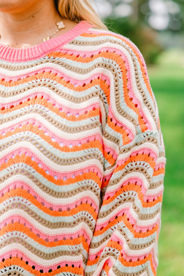 Chic Soul plus size clothing, pink, green, orange and tan chunky knit crochet style long sleeve sweater