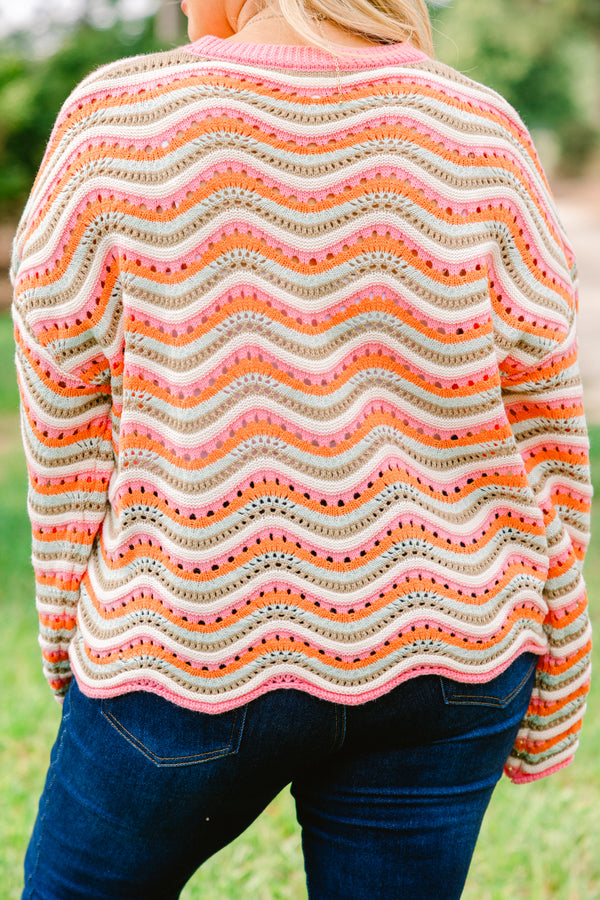 Chic Soul plus size clothing, pink, green, orange and tan chunky knit crochet style long sleeve sweater