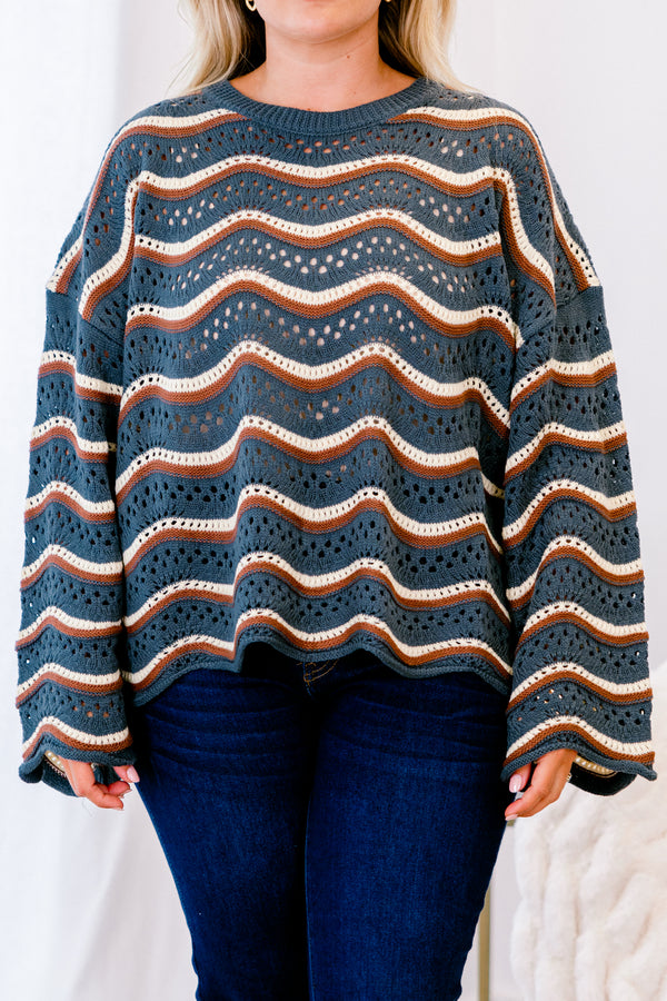 Chic Soul plus size clothing, navy long sleeve sweater with brown and white wavey stripes going across the sweater 