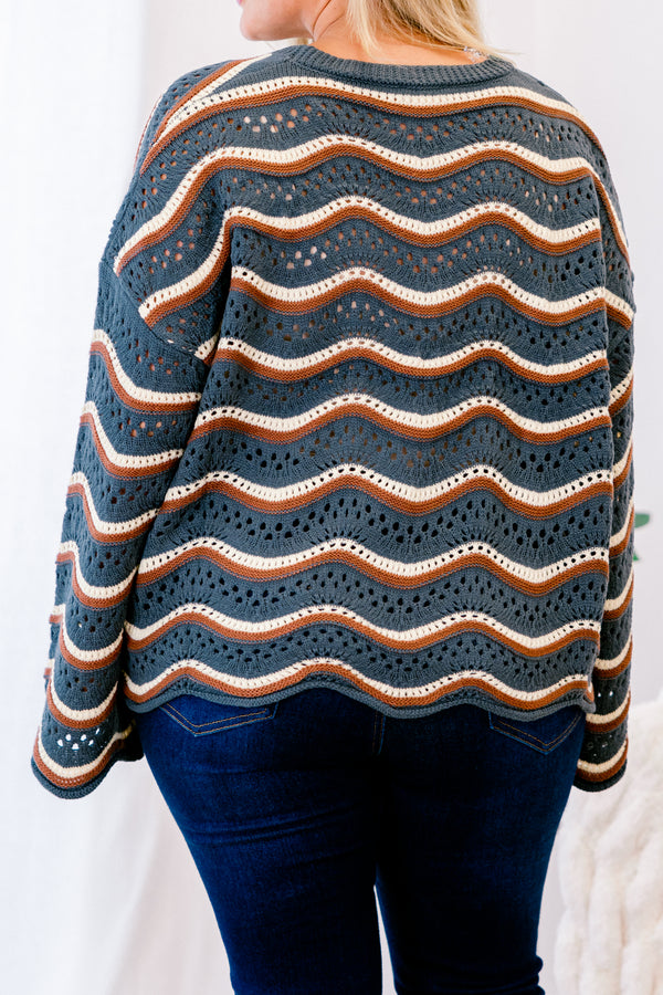 Chic Soul plus size clothing, navy long sleeve sweater with brown and white wavey stripes going across the sweater 